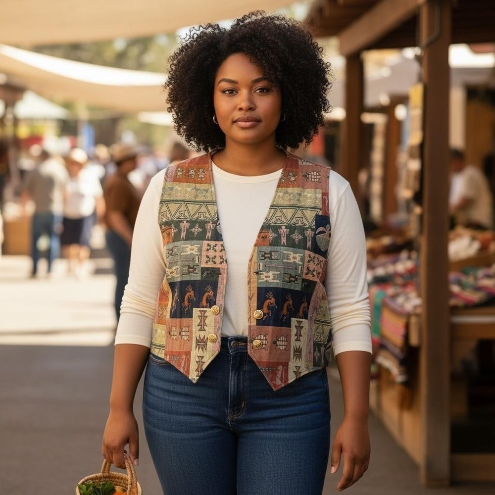 Vintage Wraps Vest Womens XL Southwest Kokopelli Tapestry Boho 90s‎